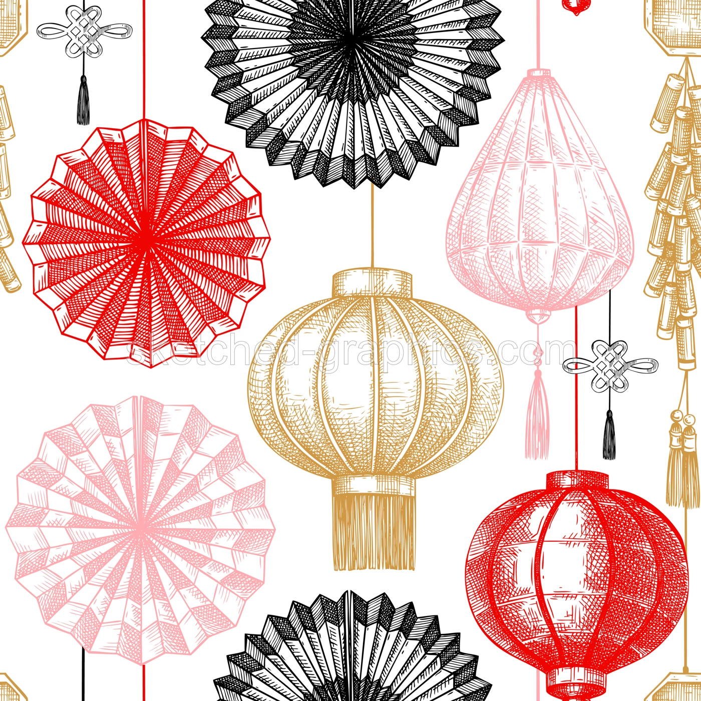 Chinese lantern and folding fan sketch. Lunar New Year background. China seamless pattern. NOT AI generated image Illustration
